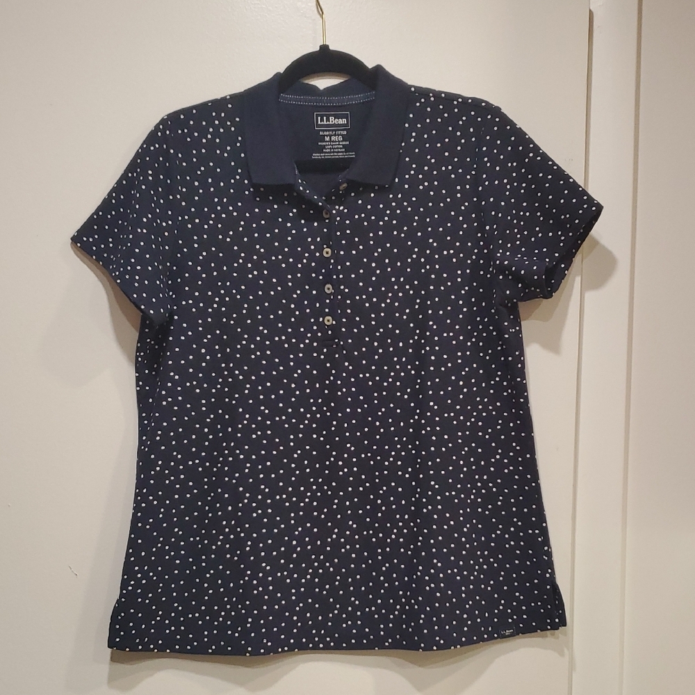 L.L. Bean Women's Button Down Navy Polka Dot Shirt